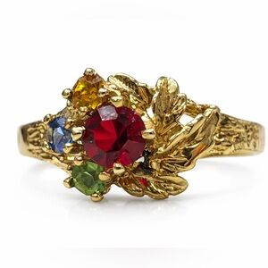 Vintage Gold plated MultiGemstone Ring 7 Ruby Red Citrine Blue Green Leaf Design